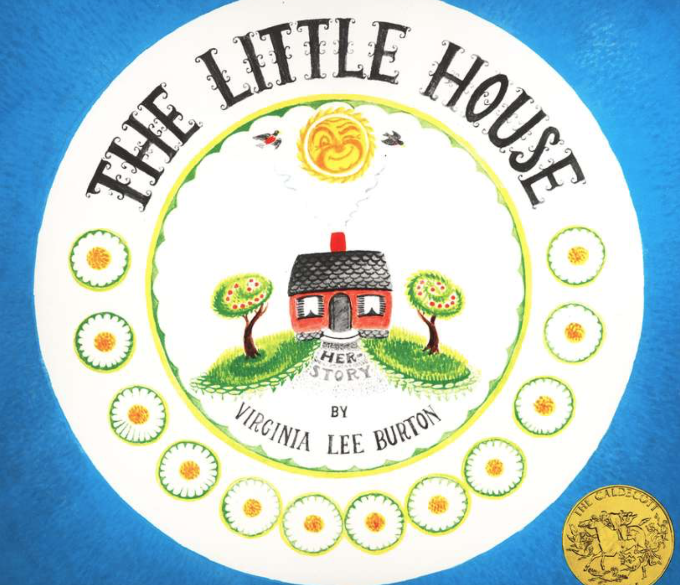 Illustrated children's book cover for The Little House featuring a little red house that looks sort of like a little face between two green trees with the sun shining just above.