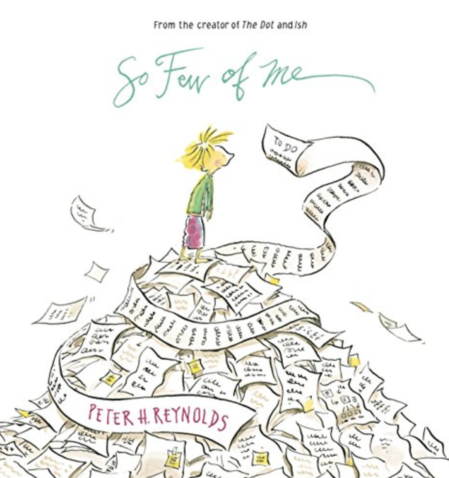Cover image for So Few of Me featuring an illustration of a white boy with yellow hair and a green shirt standing atop a mountain of papers and paper scrolls. He's reading one particularly scroll that says "To Do" at the top.